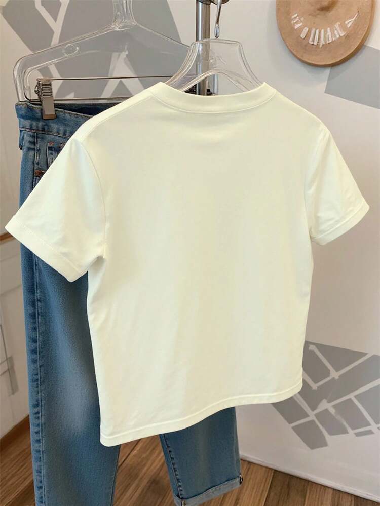 Resyla Camiseta de manga corta y cuello redondo con estampado de lema de letra para mujer, un regalo para amigos - Albaricoque - Añade 2