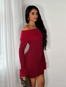 SHEIN TRNDY 1pc Women's Burgundy Christmas Sweater Dress, Elegant Off Shoulder Faux Fur Design Waist Cinched Knitted Dress, Autumn/Winter - Burgundy - View 6