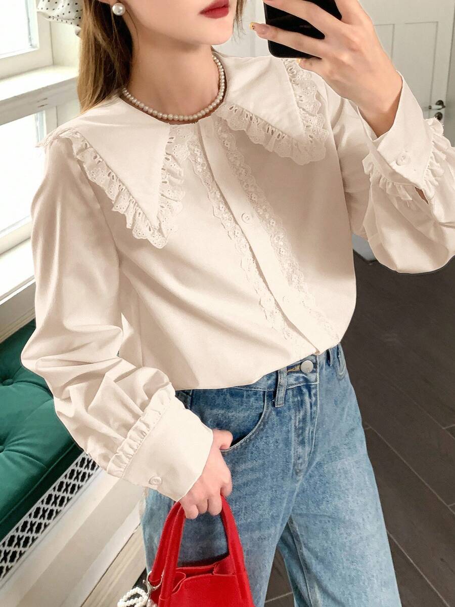 SHEIN 优雅蕾丝边长袖杏色衬衫，适合少女毕业季穿着 - 杏色 - 查看 1