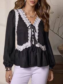 LanaWest Women's Bohemian Style Black V-Neck Lace Patchwork Unique Design Front Tie Decor Loose Cuff Long Sleeve Blouse - Black - View 4