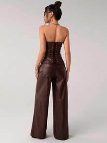 SHEIN ICON 2 件女式 PU 短款上衣和阔腿裤套装，休闲性感秋季女装棕色皮裤女式露肩上衣棕色皮革服装皮革紧身胸衣上衣棕色露肩紧身胸衣 - 棕色 - 查看 2