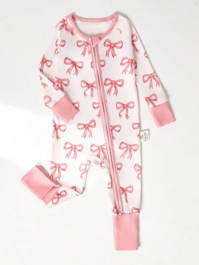 婴儿/女宝宝粉色蝴蝶结数码印花长袖前拉链连体睡衣，舒适贴身