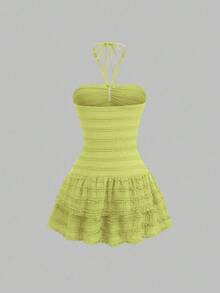 Sweetra Đầm xòe cổ yếm buộc eo màu trơn cho nữ - màu xanh lá - Xem 2