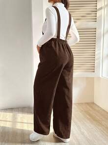 SHEIN Mono informal de maternidad de unicolor con pernera ancha y tirantes de suspensión - Marrón - Ver 2