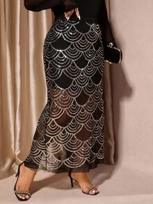 Cravure 大码女式亮片刺绣网眼开衩裙，优雅复古浪漫奢华裙 - 黑色 - 查看 1