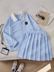 SHEIN Explorewe Tween Girls Blue Striped Collar White Long Sleeve Shirt, Blue & White Striped Pleated Skirt, Fashion Casual Versatile Autumn/Winter Shirt & Skirt Set, Can Be Paired With Jacket, Coat Fall - Blue - View 7