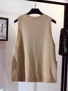 EMERY ROSE كنزة صوفية صوفية بياقة على شكل حرف V وجيوب للنساء البدينات، لارتداء في المناسبات اليومية والتنقل، بتصميم بسيط ومتعدد الاستخدامات، بلون أحادي - كاكي - مشاهدة 2