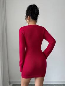 Selianne 女式纯色金色纽扣修身针织连衣裙 - 酒紅色 - 查看 2