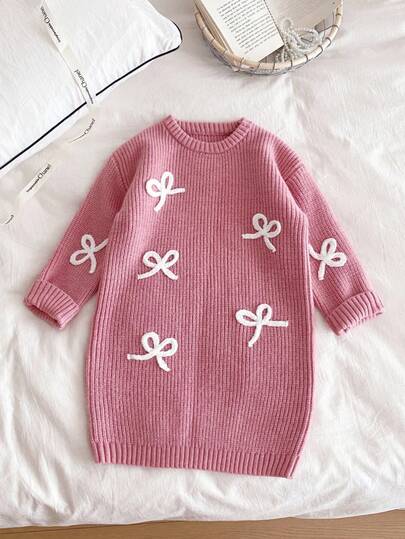 SHEIN Playful Pals Nuevo vestido de suéter de punto con lazo versátil y elegante para niña joven