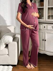 Moonlight&Mama 柔软亲肤撞色法式休闲开衫睡衣套装孕妇装 - 酒紅色 - 查看 3