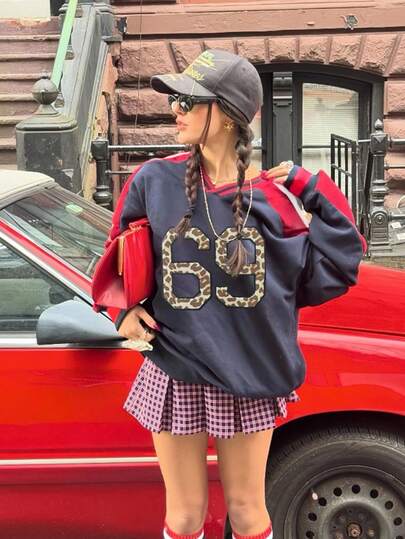 INAWLY Sweatshirt Kasual Wanita dengan Motif Huruf Patchwork Warna Kontras