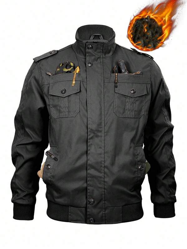Manfinity Homme Men's Black Casual Autumn Streetwear Cargo Jacket,Warm Thermal Lined Flap Pocket Stand Collar Military Work Jacket,Hiking Outdoor Designer Jacket