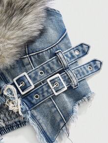 ROMWE Hippie Y2K Removable Faux Fur Collar Denim Jacket For Women - Blue - View 2