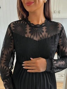 SHEIN Maternity A-Line Lace Patchwork Ruffle Hem Fitted Dress - Black - View 6