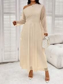 SHEIN Clasi Đầm dài tay lệch vai thanh lịch cỡ lớn, đầu thu - Màu be - Xem 5