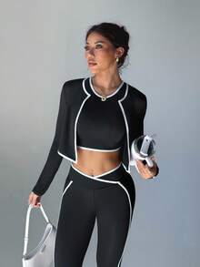 Dewbera 3 件套女式撞色绑带工字背心、夹克和高腰喇叭裤运动套装 - 黑色 - 查看 4