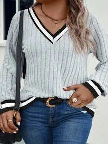 EMERY ROSE Women's Plus Size V-Neck Contrast Trim Soft Plus Size Ribbed Knit Sweatshirt, Autumn/Winter - Grey - View 3