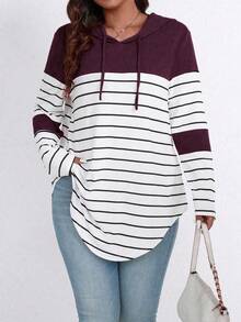 EMERY ROSE Plus Size Color Block Striped Hooded Casual T-Shirt Graphic Tees Women Tops - Red Violet - View 1