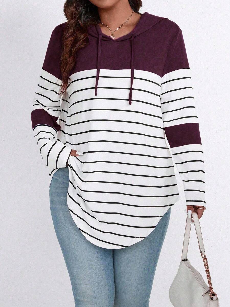 EMERY ROSE Plus Size Color Block Striped Hooded Casual T-Shirt Graphic Tees Women Tops - Red Violet - View 1