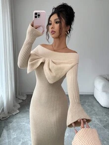 SHEIN Elenzya Women's Off Shoulder Bowknot Fishtail Dress, Autumn/Winter - Apricot - View 4