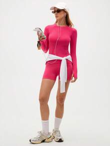 SHEIN Nahtloses 2 Stücke Trainingsset für Damen in Rosa, langärmliges Crop-Top und Bikershorts, Fitnessstudio-Outfit, Yoga-Fitness-Sportbekleidung - Heißes Pink - Übersicht 7