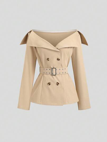 Sweetra 法式复古露肩翻领单排扣短款风衣，女士通勤风格