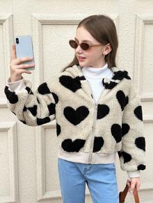 SHEIN 青少年女孩服装，豹纹毛绒连帽夹克，厚实舒适，开学典礼，日常穿着，学校，旅行，运动，冬季，圣诞节