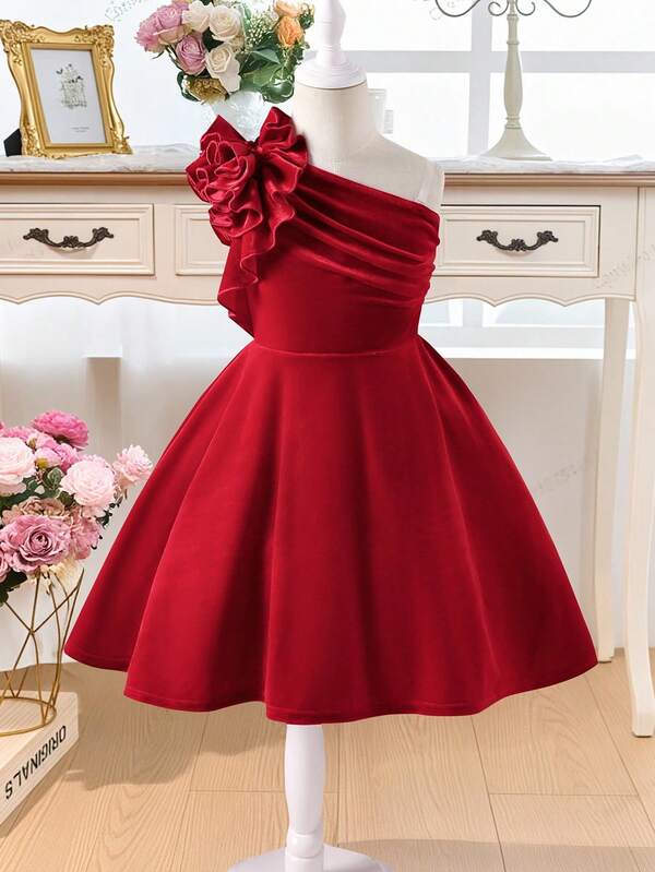 SHEIN 年轻女孩优雅奢华 3D 花卉不对称荷叶边下摆派对短裙