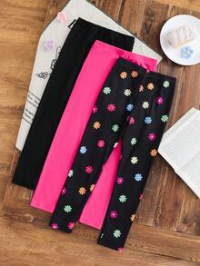 Young Girl 3pcs/Set Floral Print+Black+Pink Pants,Matching Sister Set,Autumn/Winter Base Layer Bottom,Brown Polka,Summer,Back-To-School Casual Pants - Multicolor - View 4