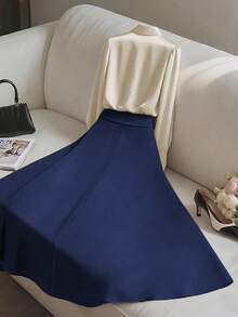 Franclia 2pcs Women Elegant Shiny Fabric Top And Pleated Midi Skirt Set, Suitable For Layering Or Standalone, Autumn/Winter - Multicolor - View 2