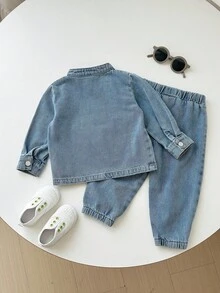 SHEIN Bubblio 2件套男童休闲立领牛仔夹克和牛仔裤套装，秋冬 - 彩色 - 查看 5