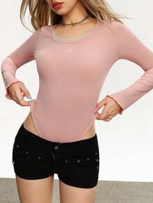 Rina Fox Body de encaje casual para mujer, otoño - Rosa - Ver 3