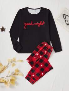 Tween Girl Good Night Graphic & Heart Plaid Pattern Cute Casual Sleepwear Pajamas Set, Comfortable Long Sleeve Top And Pants, Christmas - Red - View 3