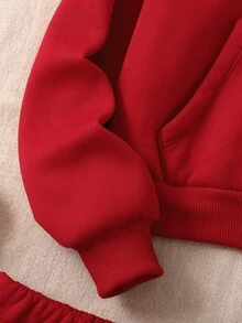 青少年女孩三件套休闲秋冬运动灰色针织连帽长袖运动衫+直筒运动裤套装，抓绒，加厚 - 紅色 - 查看 3