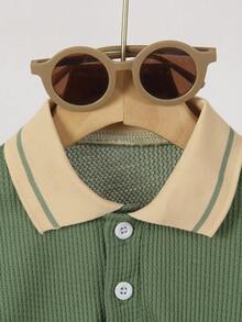 男婴长袖 Polo 衫，绿色纽扣半拉链套头衫休闲针织华夫格毛衣，春/秋 - 綠色 - 查看 3