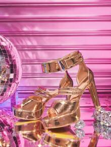 CUCCOO LuxiPop Sandálias de Salto Alto da Moda Femininas com Tira Trançada e Salto Grosso de Bico Redondo - Champanhe - Visão 2
