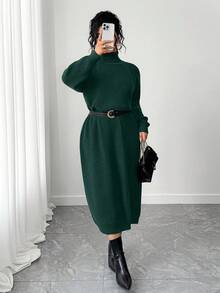 SHEIN Tall CURVE Plus Size Casual Turtleneck Raglan Sleeve Sweater Dress - Dark Green - View 3