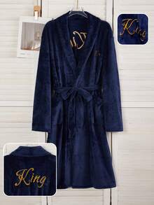 Men's Plush Flannel Bathrobe, Autumn/Winter, Luxury Navy Blue Robe With Embroidered English Text On Front And Back, Shawl Collar, Drop Shoulder, Long Sleeve Robe For Fall Winter, Fluffy, Cozy