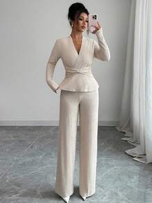 Elenzga 2pcs/Set Women's Elegant V-Neck Long Sleeve Twist Waist T-Shirt And Wide Leg Pants Set, Casual Everyday Wear, Commute, Valentine's Day, Autumn/Winter - Apricot - View 8