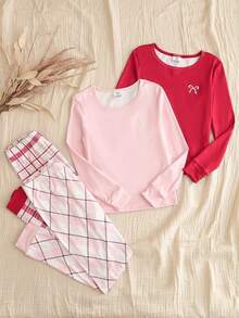 4 pièces Ensemble de pyjama de Noël ajusté pour filles, comprenant une broderie de cils, un Top et un pantalon à manches longues avec imprimé à carreaux décontracté et graphique, convient pour les préadolescentes, automne/hiver - Multicolore - Voir 5