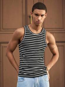 SWAVVY 男士休闲百搭日常条纹圆领背心，夏季 - 白色 - 查看 1