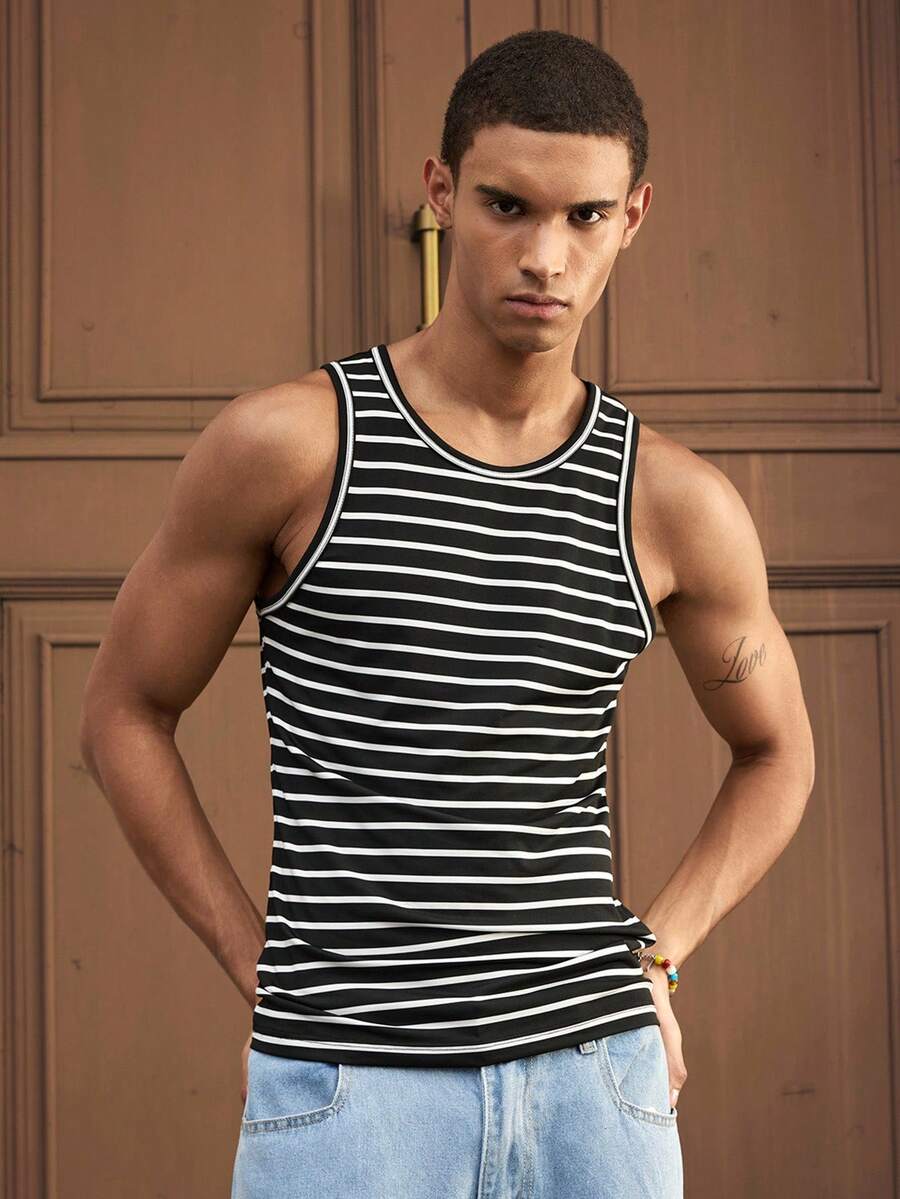 SWAVVY 男士休闲百搭日常条纹圆领背心，夏季 - 白色 - 查看 1