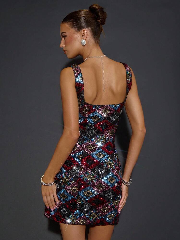 SHEIN BAE Vestido mini con tirantes finos, cuello cuadrado, bordado con cuentas, abertura lateral, adecuado para fiestas, eventos formales, galas, vacaciones, Halloween, Navidad - Negro - Añade 2