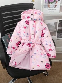 SHEIN 冬季新款可爱卡通碎花连帽加厚中长款女童棉服外套带腰带 - 粉色 - 查看 8