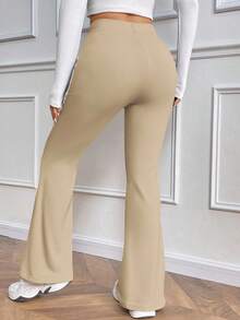 EMERY ROSE 女式休闲日常百搭紧身保暖高腰喇叭裤，松紧腰，黑色，冬季 - 米色 - 查看 2