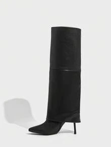 CUCCOO SZL Giày bốt cao đến đầu gối thời trang màu nâu, mũi nhọn, gót nhọn, nút bạc, khóa kéo bên hông dành cho nữ - màu đen - Xem 5