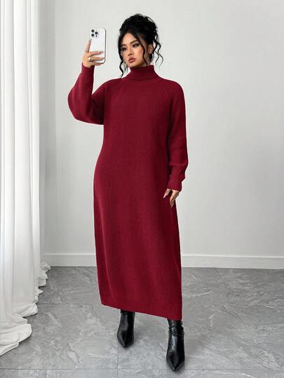 SHEIN Tall CURVE 大码休闲高领插肩袖毛衣连衣裙