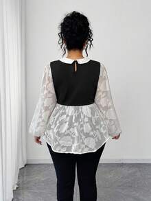 Elenzga 大码女式雪纺镂空经典黑白撞色二合一法式复古泡泡袖衬衫 - 彩色 - 查看 2