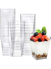 SHEIN 100/50/40/30/20/10PCS Dessert Cups, Transparent Mini Plates, Covered And Uncovered Mousse Cups For Tiramisu Cakes, Suitable For Pudding, Mousse, Snacks, Party Supplies, Food Containers - Transparent - View 1