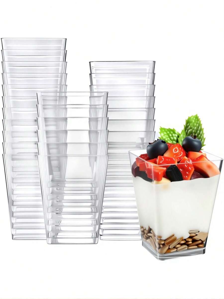 SHEIN 100/50/40/30/20/10PCS Dessert Cups, Transparent Mini Plates, Covered And Uncovered Mousse Cups For Tiramisu Cakes, Suitable For Pudding, Mousse, Snacks, Party Supplies, Food Containers - Transparent - View 1